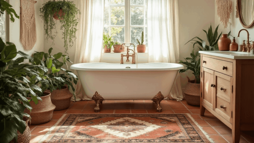 "Bohemian style bathroom with clawfoot tub, vintage rugs, lush plants, and natural light streaming in"