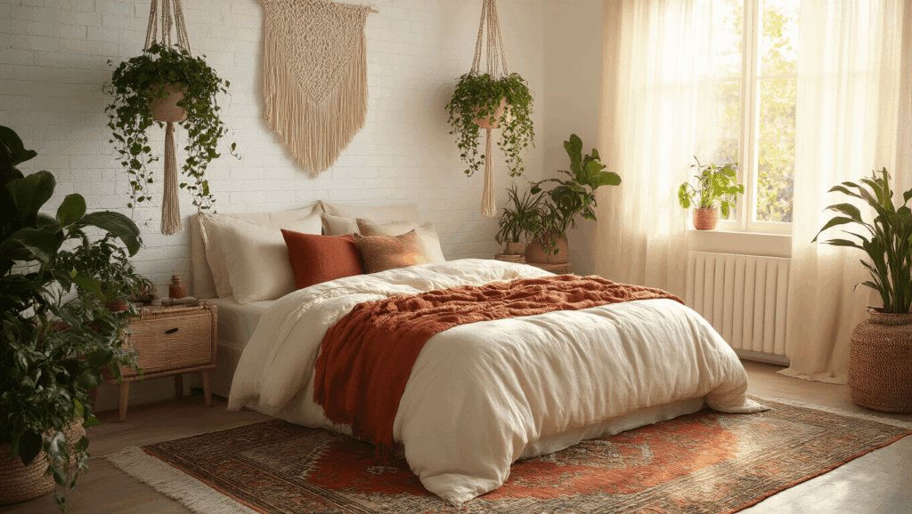 "Sunlit boho style bedroom with macrame planters, a queen bed with cream and rust linens, white brick walls, and rattan accents"