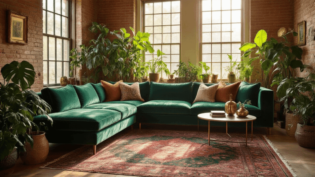 "Sunlit boho-maximalist living room featuring an emerald velvet sofa, Persian rugs, brass accents and houseplants against an exposed brick wall during a warm afternoon."