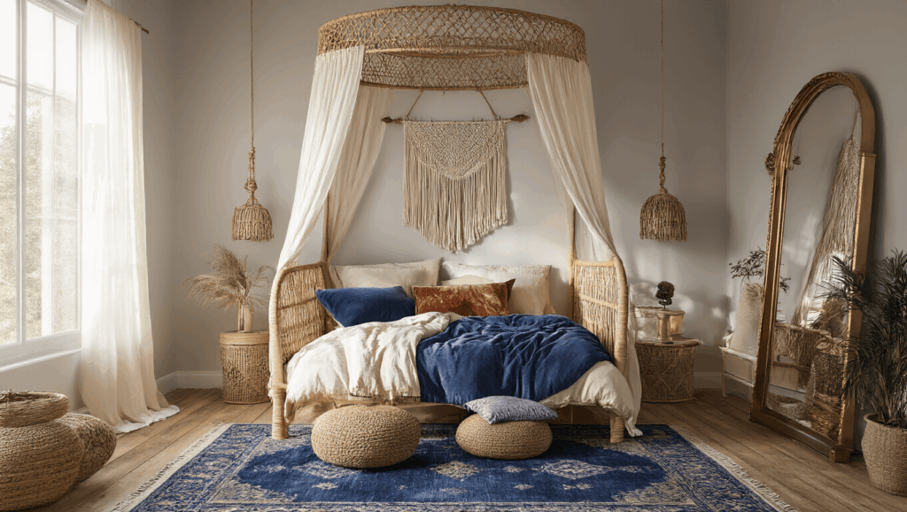 "Bohemian teen bedroom with indigo rattan canopy bed, vintage brass mirror, macramé wall art, velvet pillows and natural light."