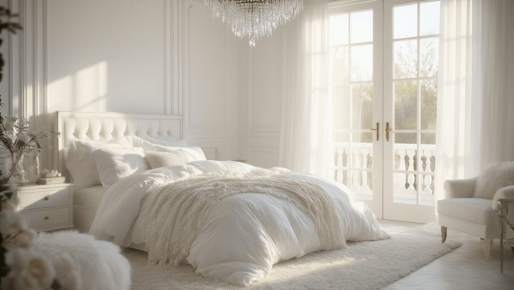 "Ethereal white bedroom with layered textures, soft lighting, and French doors"