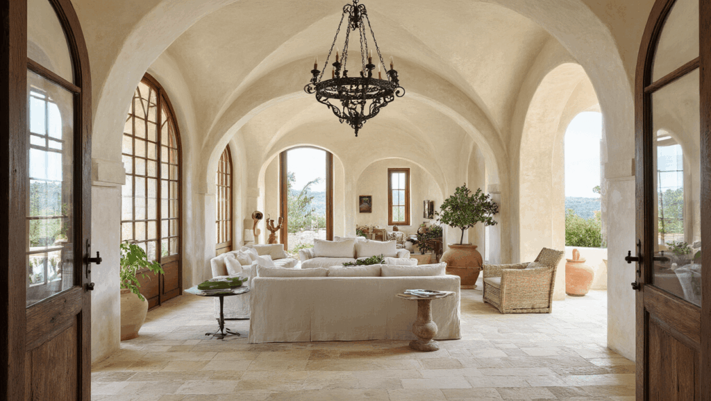 "Mediterranean style living room bathed in sun, with limestone floors, linen sofas, wrought iron chandelier, arched doorways, terracotta pots, and abundant natural light."