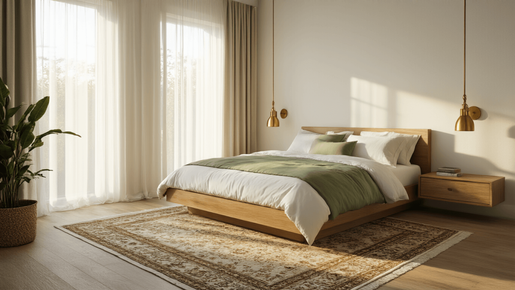"Cozy minimal small bedroom with a platform bed, sage green and white bedding, brass wall sconces, floating wooden nightstands, and a Persian rug, bathed in warm golden light"