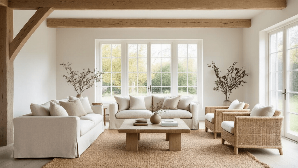 "Minimalist modern cottage living room with cream sofa, oatmeal armchairs, jute rug and oak beams, bathed in soft natural light from floor-to-ceiling windows."