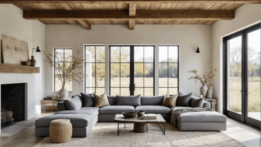 "Modern farmhouse living room with exposed wood beams, gray sectional, and large windows streaming natural light"