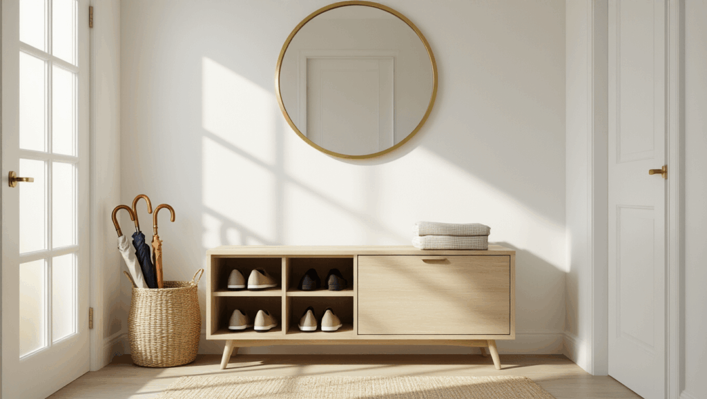 "Minimalist entryway with light oak shoe cabinet, brass-framed mirror, frosted glass door and seagrass basket for umbrellas"