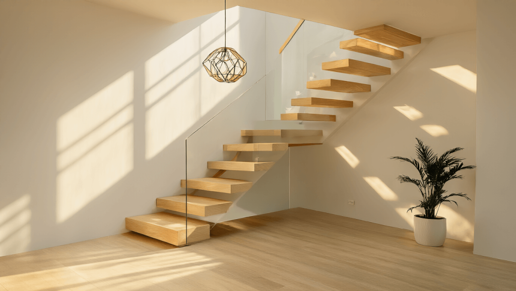 "Modern minimalist staircase entryway with floating glass railings, bleached oak treads, and a geometric pendant light, contrasting with green accents in warm golden hour sunlight."