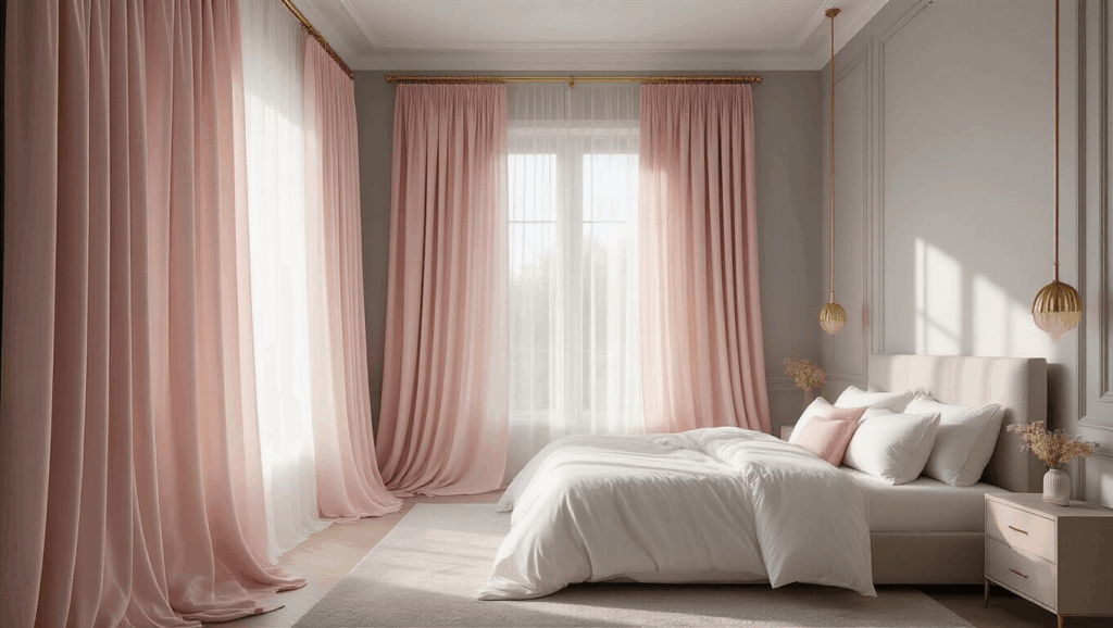 "Elegant master bedroom with blush pink silk curtains on gold hardware, gray walls, white bedding under natural light"