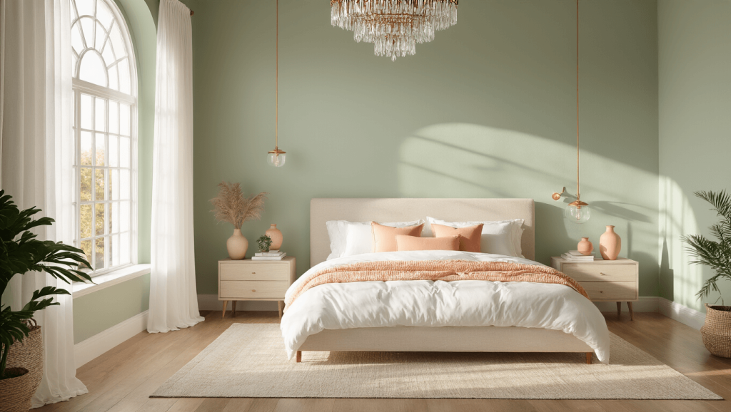 "Sage green bedroom with peach accents, white linens, brass details, and natural light filtering through sheer curtains"
