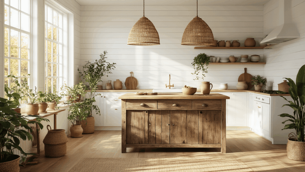 "Scandinavian-bohemian kitchen interior with white walls, oak floors, wooden island, rattan lights, pottery, sunlit plants"