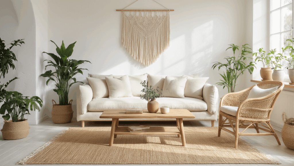 "Scandinavian boho living room with whitewashed walls, oatmeal linen sofa, rattan chair, teak coffee table, soft textures, potted plants, macramé wall hanging, and morning light."