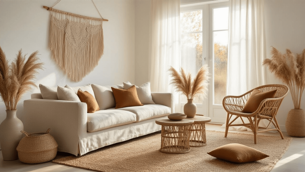 "Scandi-boho styled living room in golden hour light with oatmeal linen sofa, rattan chair, jute rug, and natural decor"