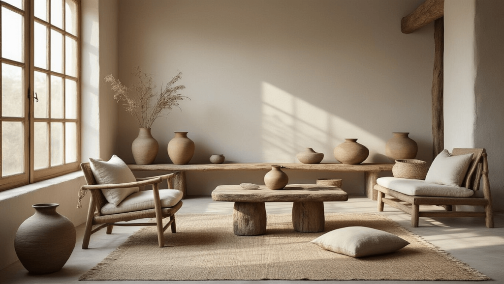 "Minimalist serene room with weathered wooden furniture, handmade ceramics, and natural linen textiles in soft morning light"