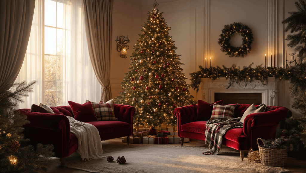 "Cozy Christmas living room with vintage tree, velvet furnishings, and warm lighting during golden hour"