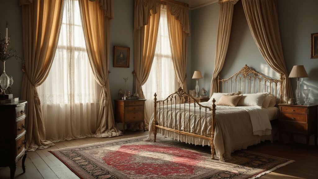 "Victorian-style bedroom with vintage brass bed, velvet curtains, Persian rug and soft golden light streaming through lace curtains"