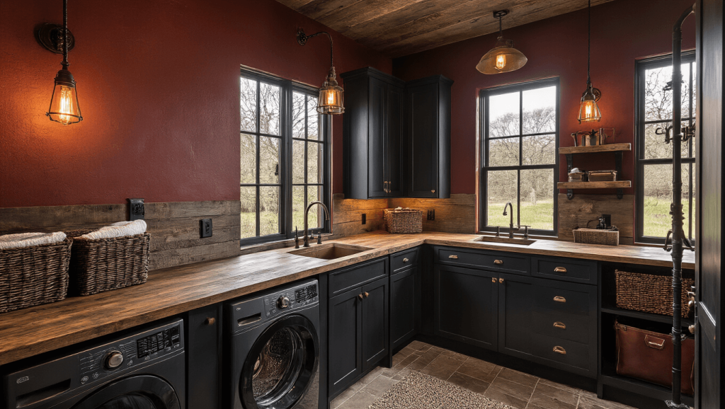 "Western Gothic laundry room with matte black cabinets, distressed wood countertops, and ambient amber lighting"