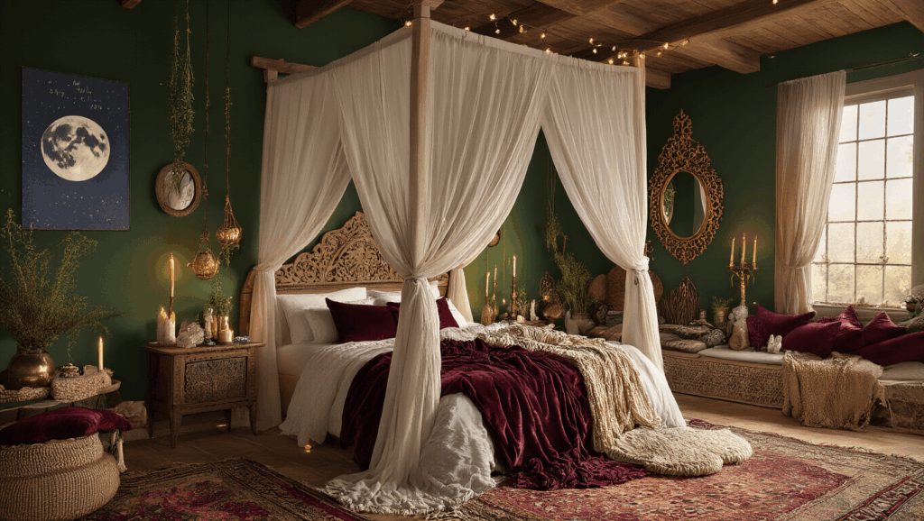 "Bohemian-style bedroom with green walls, vintage decor, velvet pillows, wooden bed, crystals, herbs, and fairy lights"