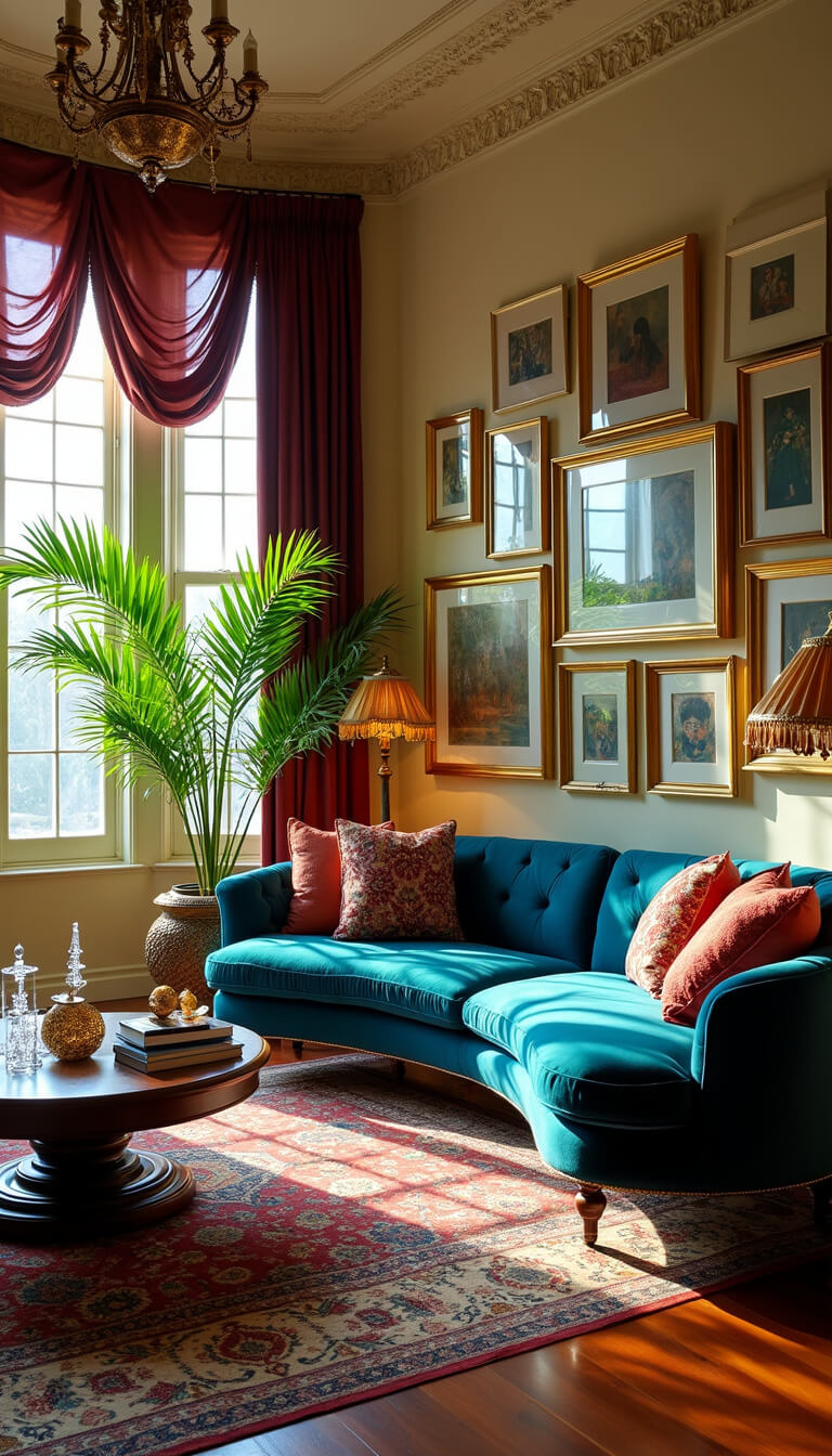 Sunlit living room with peacock blue velvet sofa, jewel-toned pillows, layered Persian and jute rugs, vintage gold-framed gallery wall, carved coffee table, brass lamps, emerald palms, and burgundy curtains at golden hour.