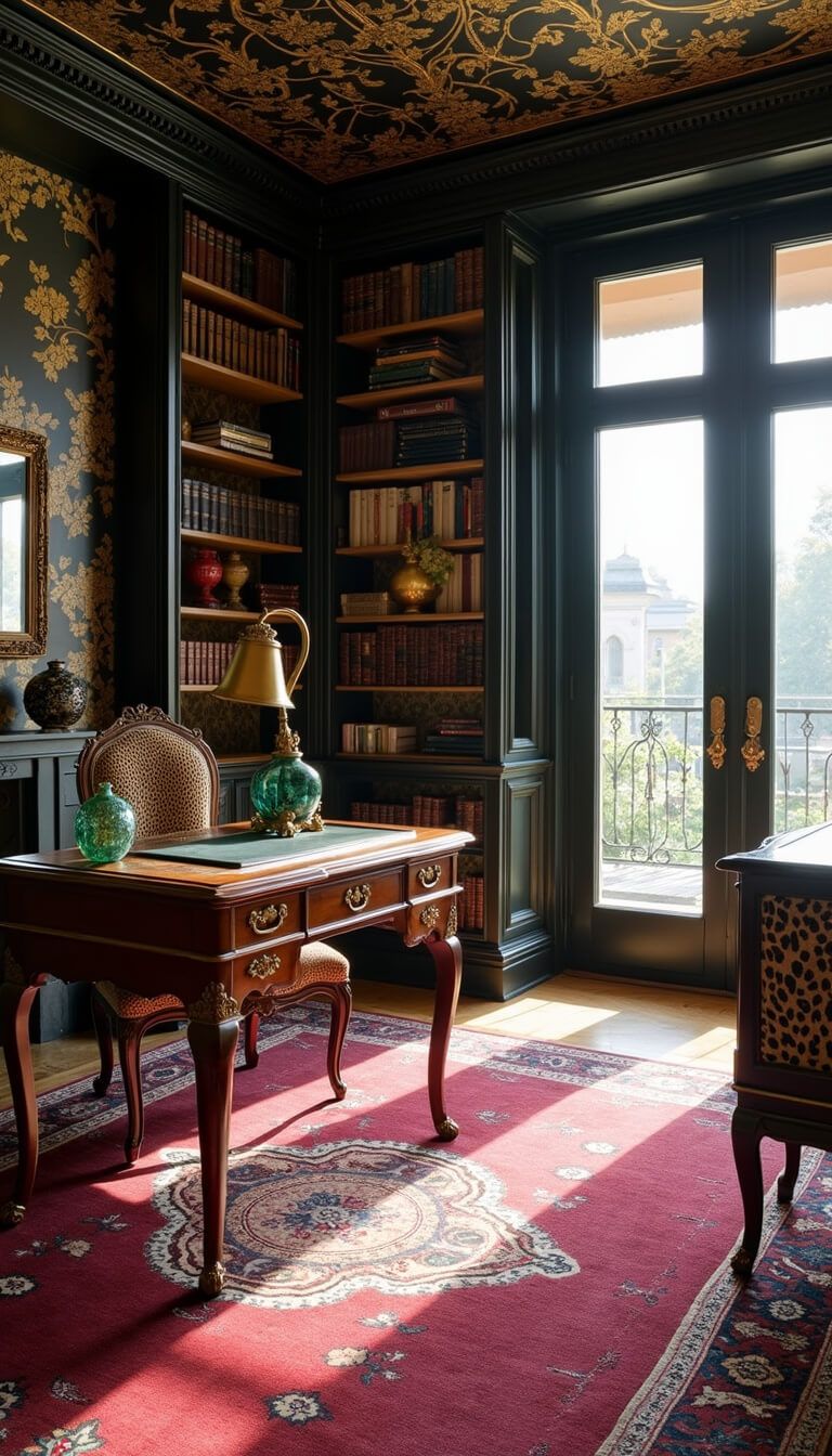 Luxurious home office with black and gold chinoiserie wallpaper, antique mahogany desk, emerald glass lamp, leopard print chair, and floor-to-ceiling bookshelves filled with books and curios, softly lit by natural mid-morning light.