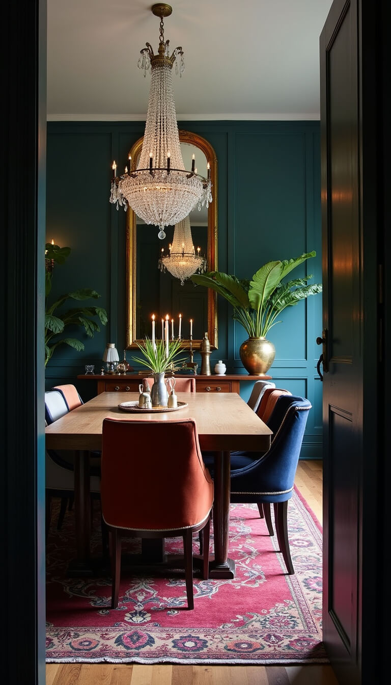 Moody dining room at dusk with teal walls, crystal chandelier, vintage mismatched chairs, gilded mirror, layered Turkish rugs, and banana leaf plants in Chinese pots.