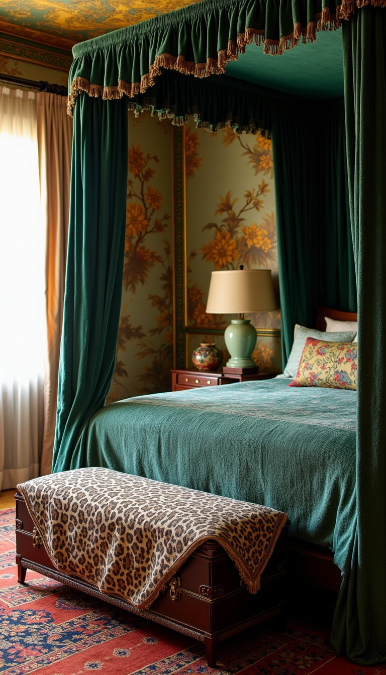 Eclectic master bedroom at morning twilight with canopy bed in emerald velvet, vintage textiles, chinoiserie mural, and soft golden lighting.