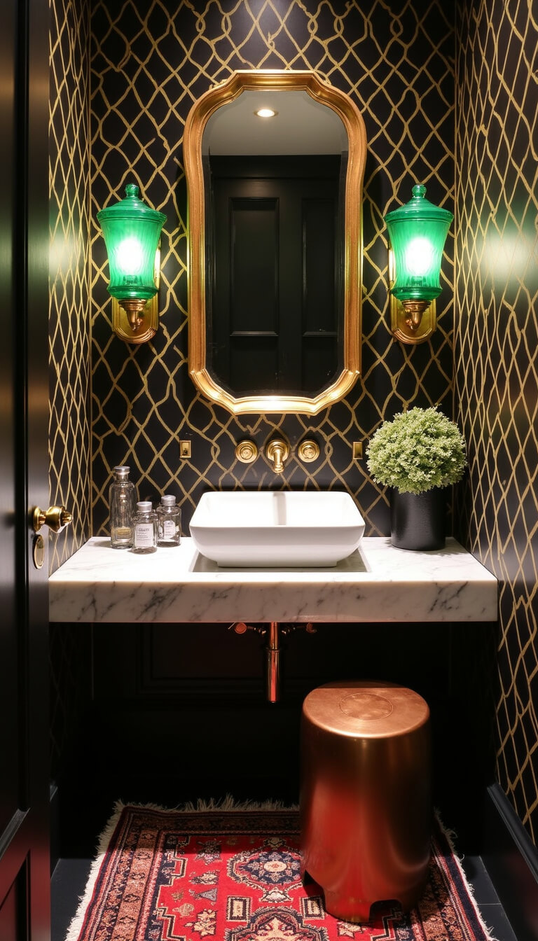 Art deco powder room with black and gold geometric wallpaper, brass fixtures, emerald sconces, marble vanity, vintage mirror, Persian runner, and copper stool.