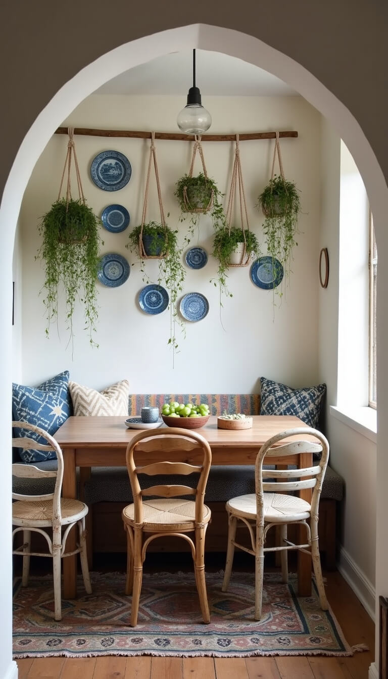 Bohemian kitchen nook with vintage table, mismatched chairs, blue and white plate gallery wall, trailing plants in macramé hangers, and kilim cushions in natural morning light.