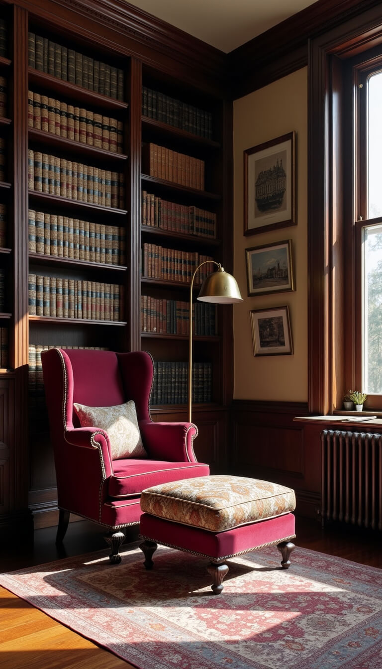 Victorian-style library corner with dark wood bookshelves, burgundy velvet wingback chair, patterned ottoman, brass floor lamp, oriental rug, and eclectic gallery wall in moody afternoon light.