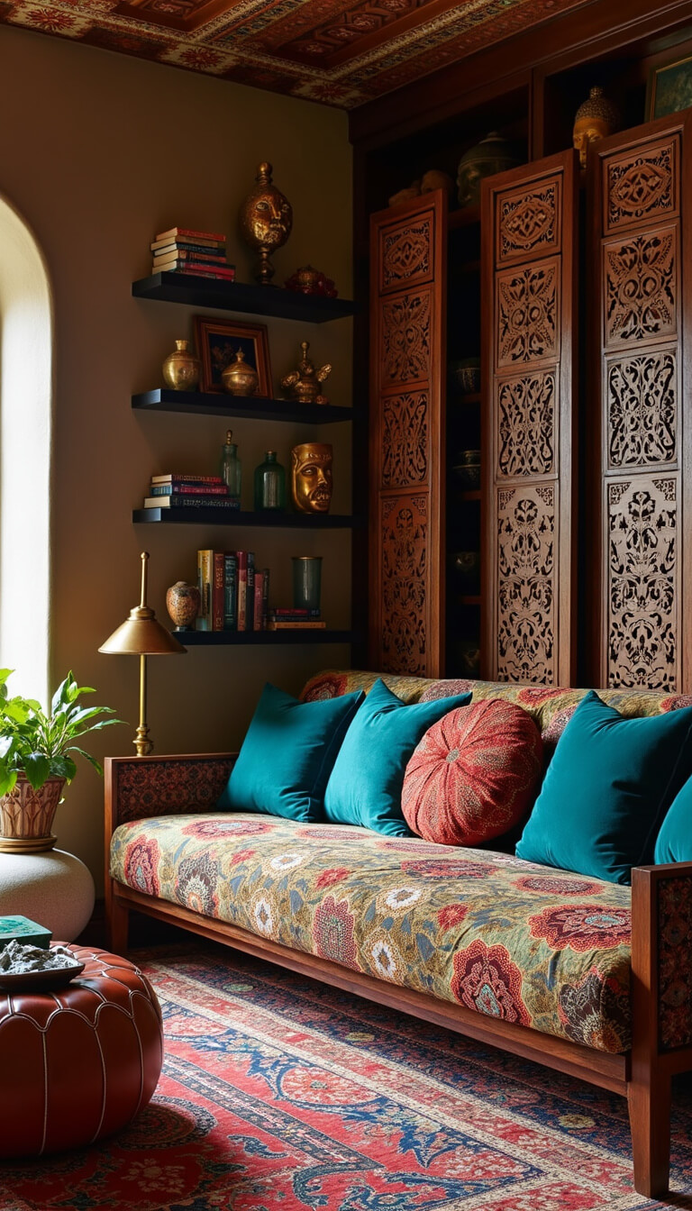 Eclectic global living space with Moroccan pouf, Indian textiles, jewel-toned velvet pillows, carved wood screens, brass lanterns, and cultural artifacts on floating shelves.
