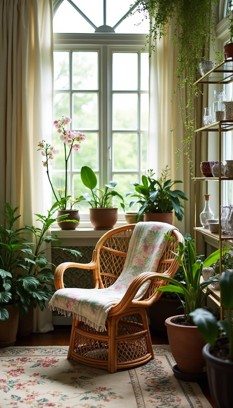 Sunlit greenhouse-style sunroom with rattan peacock chair draped in silk sari, trailing plants in pottery, vintage botanical rug, and brass étagère with crystals and ceramics.