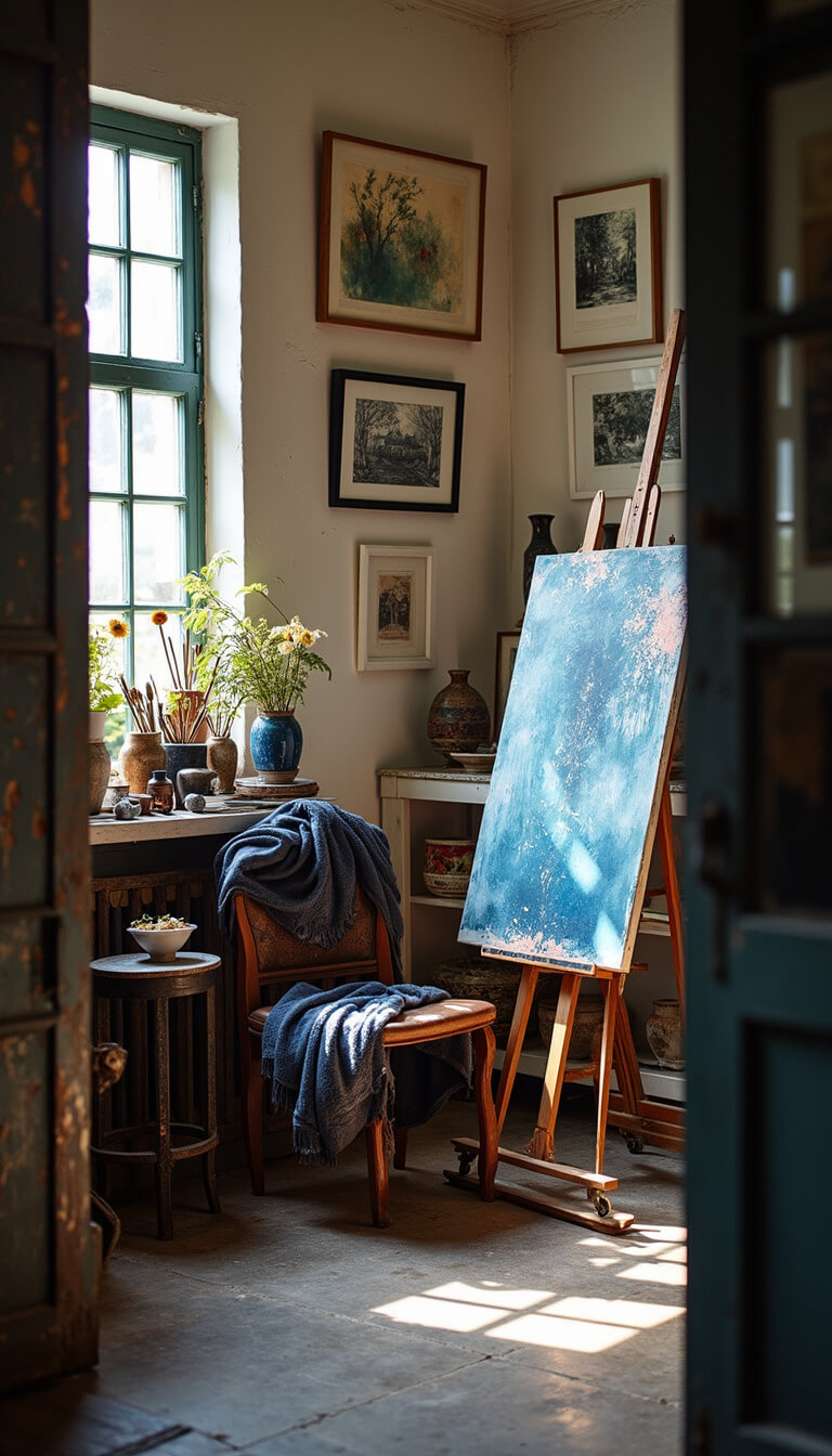 Artist's studio corner with paint-splattered easel, vintage cart, gallery wall of mixed artworks, ceramic vessels holding brushes, indigo textiles on leather chair, and dramatic side lighting.