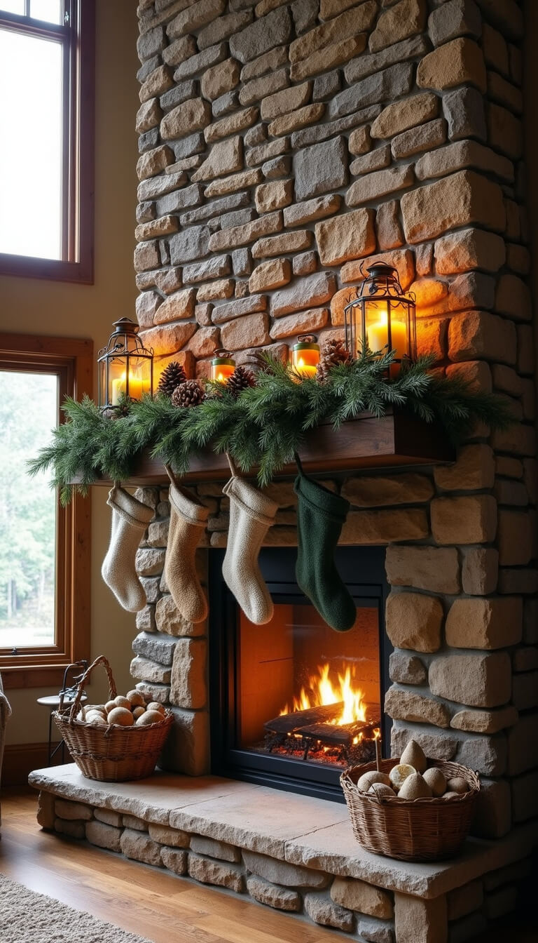 Rustic mountain lodge great room with tall stone fireplace, pine garland, wool stockings, vintage lanterns, and birch log baskets in moody morning light.