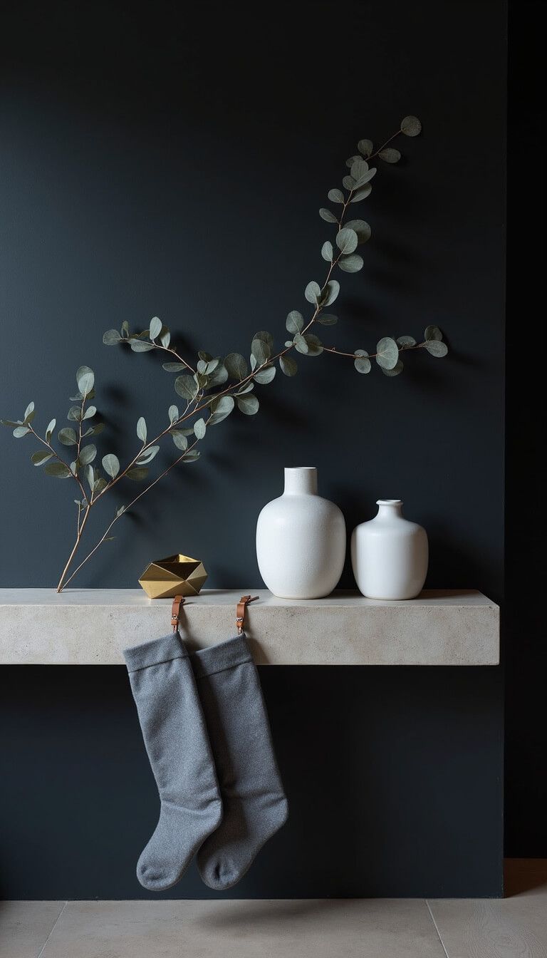 Modern minimalist fireplace with floating concrete mantel, matte black wall, geometric decor, eucalyptus branch, LED uplighting, and grey felt stockings.