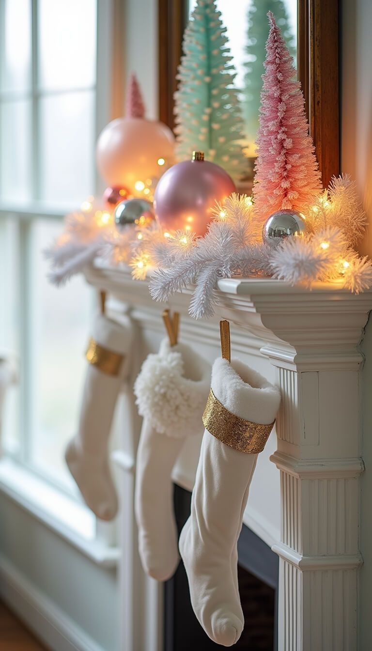 Victorian parlor with white fireplace decorated with pastel ornaments, bottle brush trees, faux fur stockings, and twinkle lights in whimsical holiday scene.