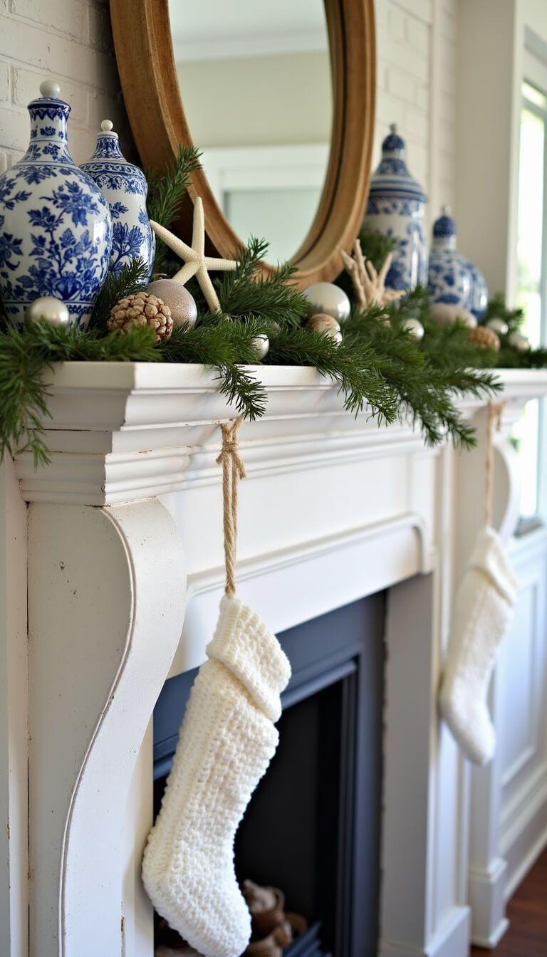 Hamptons-style fireplace decorated for a coastal Christmas with starfish garland, silver ornaments, chinoiserie vases, white stockings, and sea-inspired accents in golden hour light.