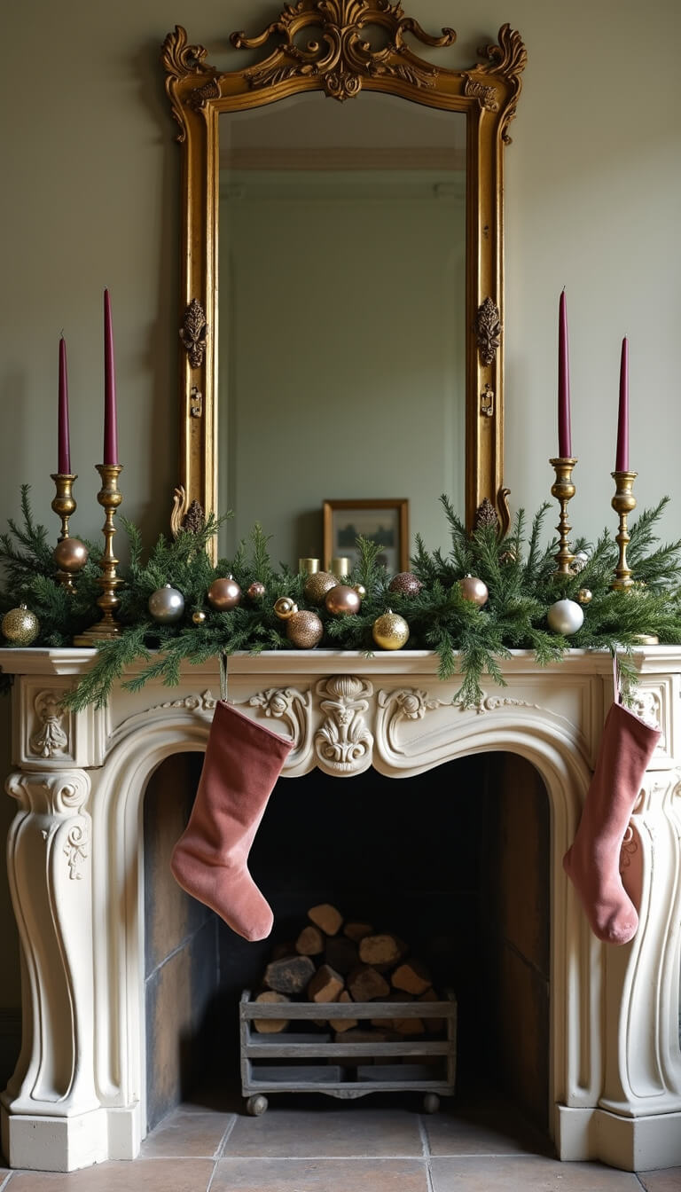 Ornate limestone fireplace with vintage cypress garland, brass candlesticks, velvet stockings, and gold mirror in romantic Christmas decor.