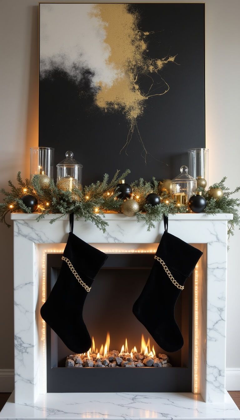 Contemporary glam living room with floating white marble fireplace, LED lighting, black velvet stockings with gold chains, minimal olive garland, crystal decor, and abstract black, white, and gold art above.