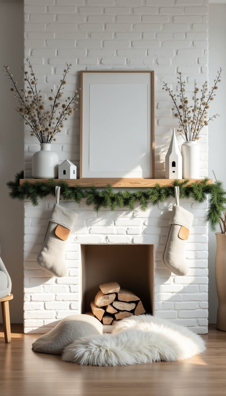 Minimalist Scandinavian living room with white brick fireplace, pine garland, ceramic houses, grey stockings, eucalyptus vases, and sheepskin throws in bright natural light.