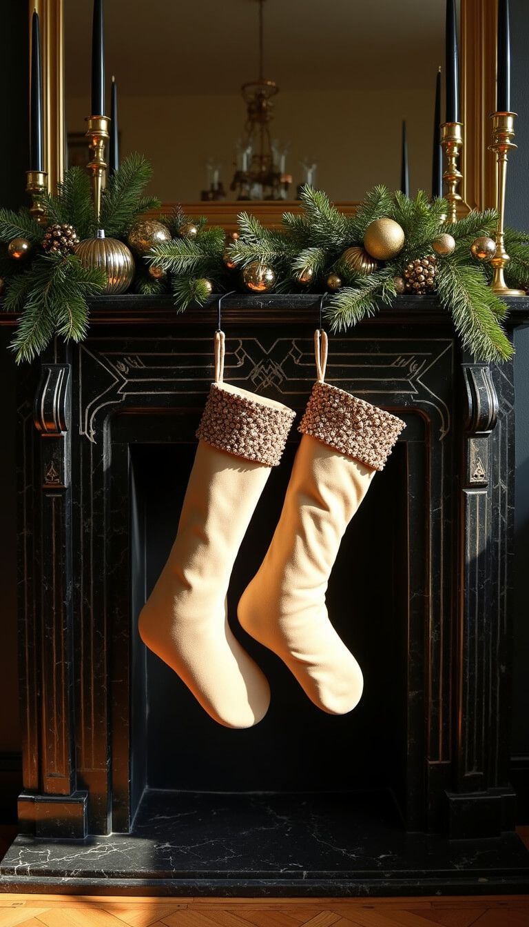 Art Deco black marble fireplace with geometric details, adorned with brass garland holder, pine and gold leaf accents, black and gold ornaments, champagne beaded stockings, and brass candlesticks with black tapers in golden hour lighting.