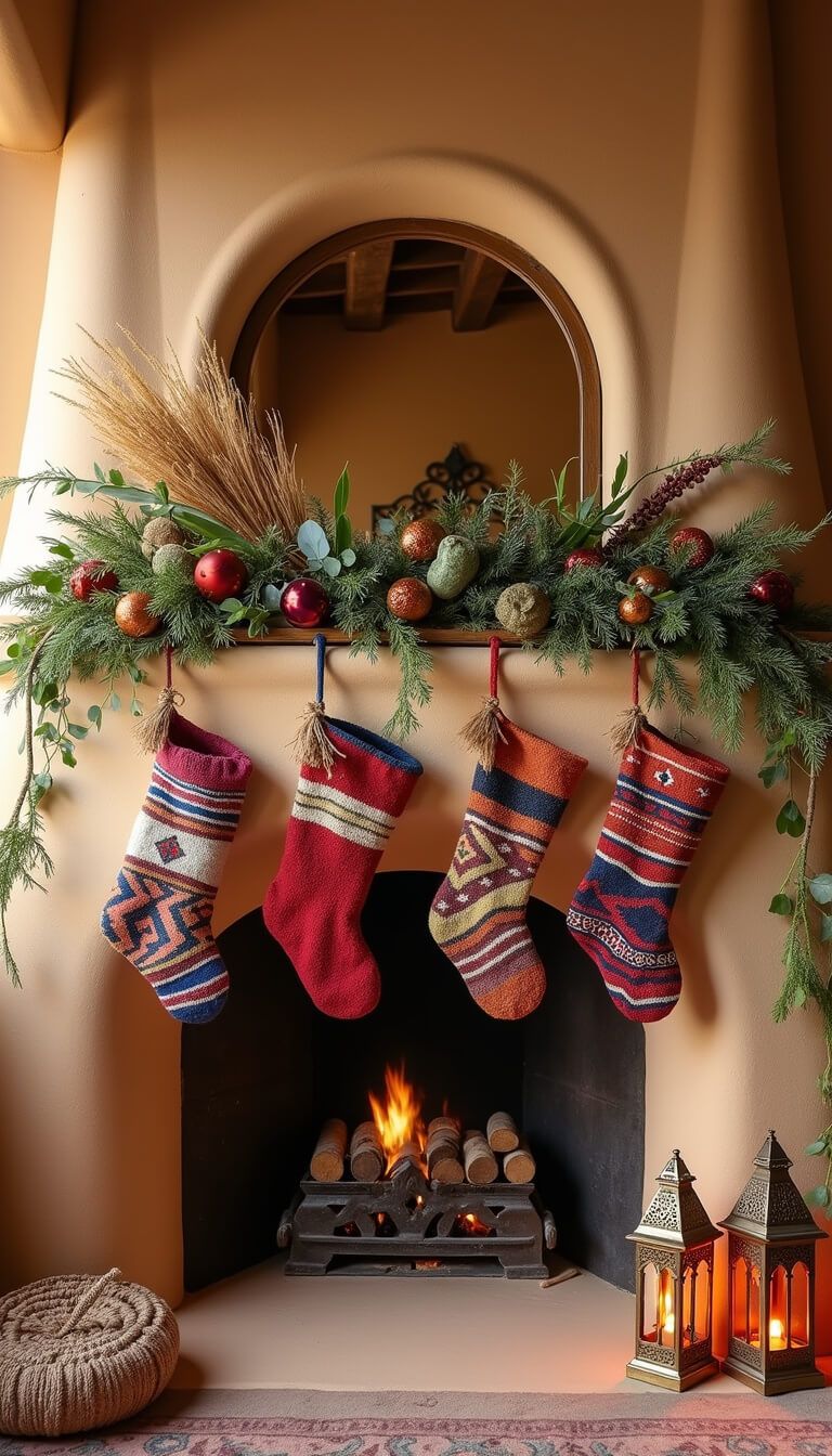 Bohemian holiday fireplace with pampas grass, eucalyptus, pine garland, brass bells, colorful ornaments, kilim stockings, and Moroccan lanterns in warm natural light.