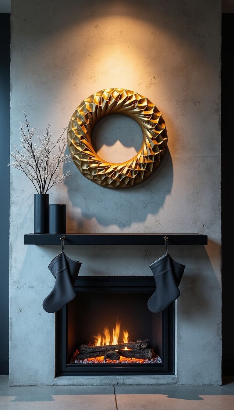 Industrial modern fireplace wall at blue hour with floating steel mantel, oversized gold geometric wreath, matte black containers with white branches, charcoal grey leather stockings, and dramatic LED uplighting.