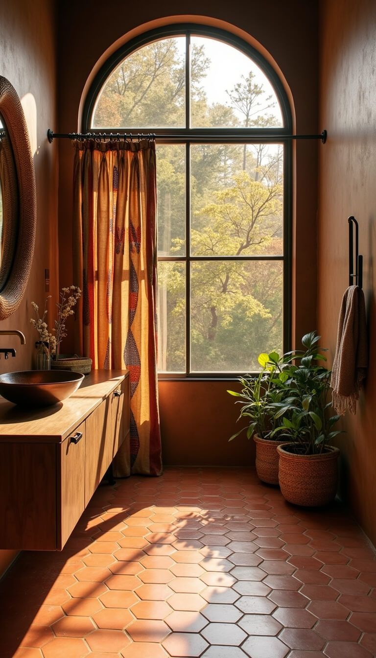 Afrohemian bathroom with terracotta hex tile floor, reclaimed teak vanity, copper sink, mud cloth textiles, and golden hour light through arched window.