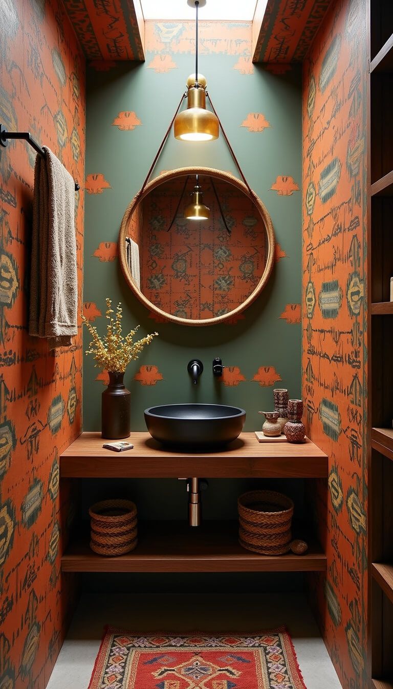 Modern Afrohemian powder room with tribal accent wall, floating walnut vanity, black vessel sink, brass mirror, mud cloth hanging, and woven baskets.