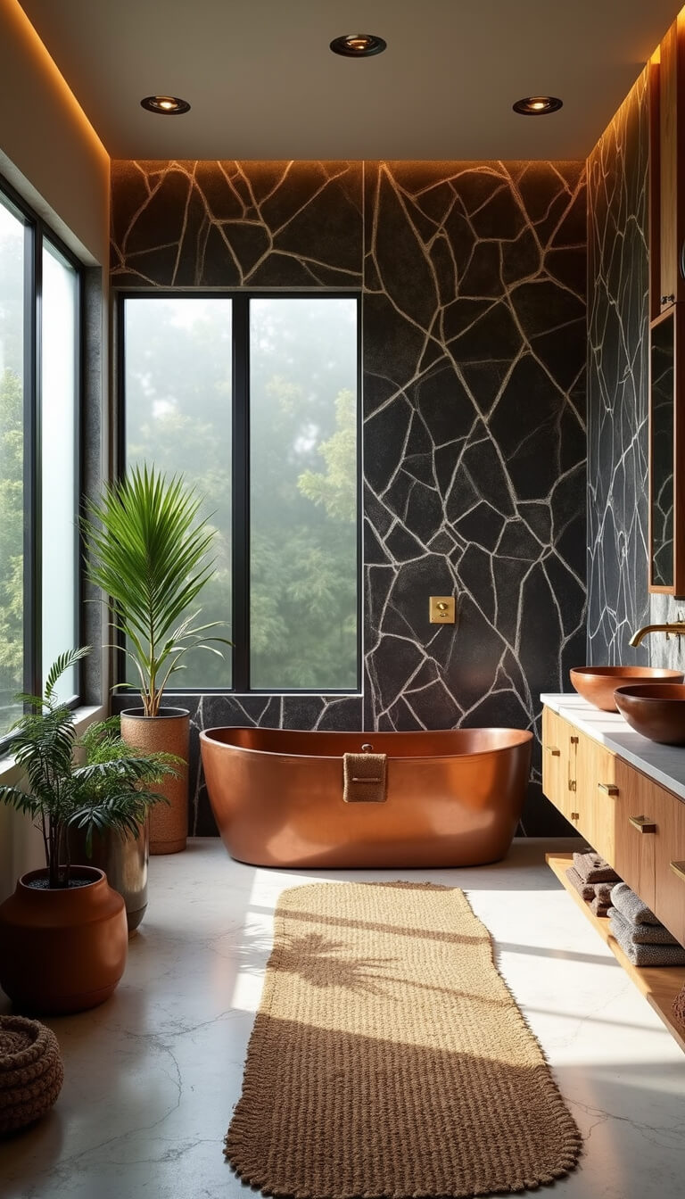Wide-angle view of Afrohemian master bath with copper soaking tub, tribal tile feature wall, reclaimed oak vanity, and lush plants in natural morning light.