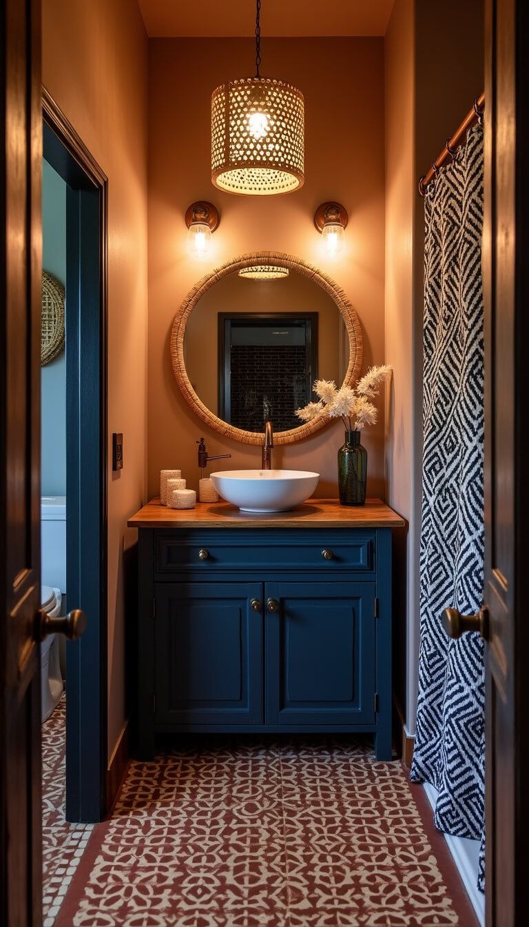 Afrohemian guest bathroom with terracotta tiles, indigo vanity, brass pendant light, tribal mudcloth shower curtain, and copper fixtures.