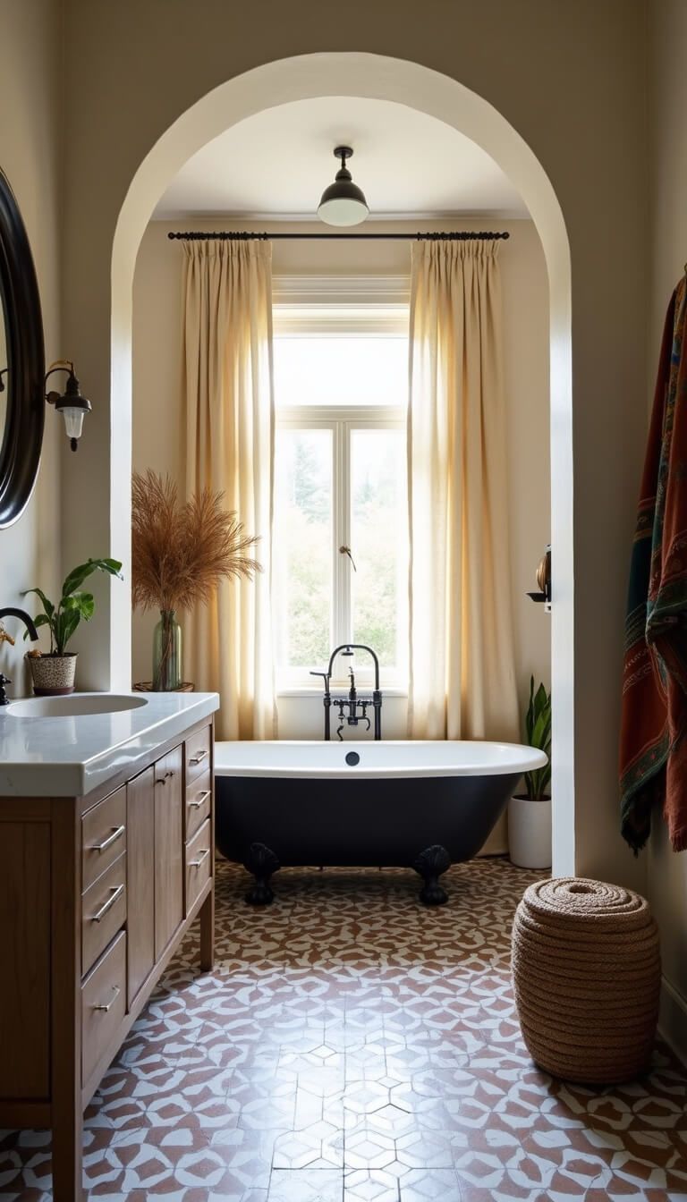 Light-filled Afrohemian bathroom with matte black clawfoot tub, earth-tone cement tile floor, weathered oak vanity, and vintage indigo textiles framed by arched entry.