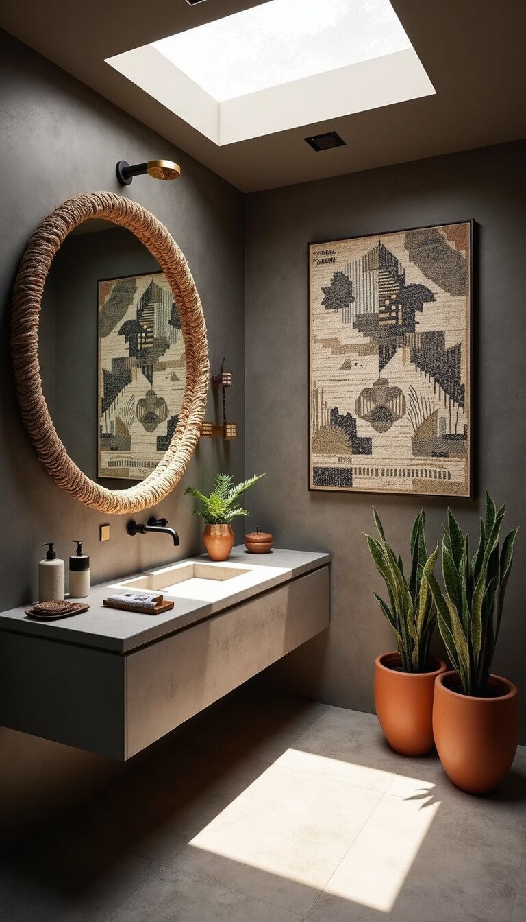 Contemporary Afrohemian bathroom with skylight shadows, floating concrete vanity, tribal tile feature wall, mixed metal fixtures, textile art, and snake plants in terracotta planters.