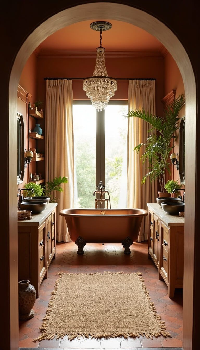 Bohemian luxe Afrohemian ensuite with copper clawfoot tub, crystal chandelier, teak double vanity, and jute rug over terra cotta tiles during golden hour.