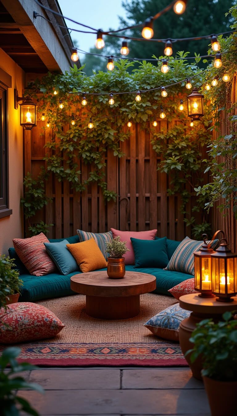 Cozy corner patio nook at dusk with glowing string lights, jewel-toned floor cushions, vintage poufs, copper tea table, and jasmine-covered lattice backdrop.