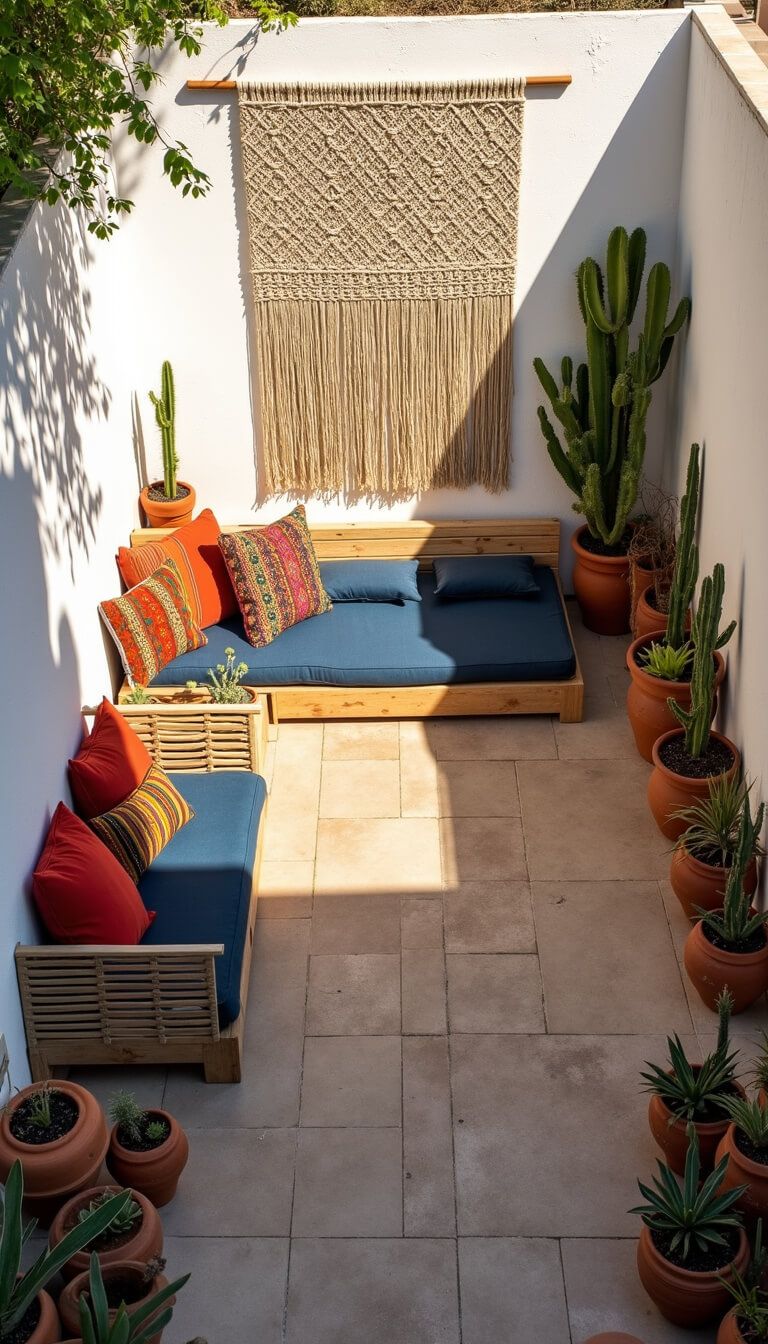 Bird's eye view of a sunlit 15x18ft patio with whitewashed brick walls, macramé wall hanging, indigo-cushioned L-shaped concrete seating, colorful kilim pillows, terracotta pots with succulents, and a wooden daybed with block print throws.